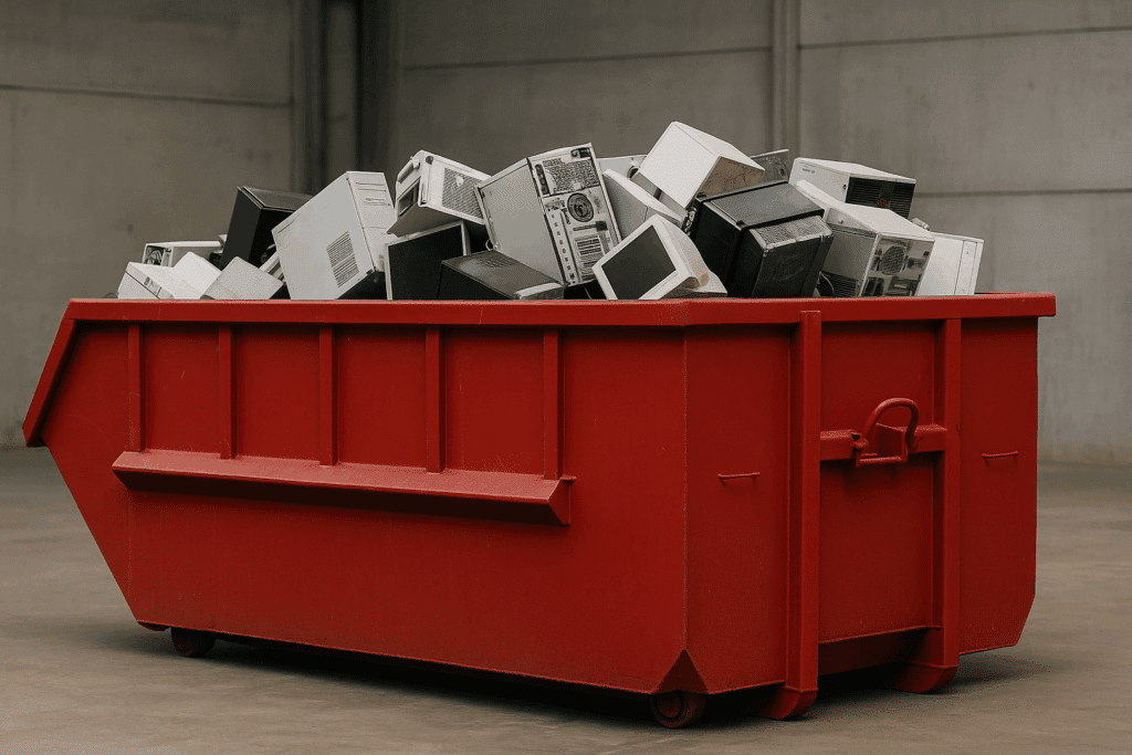 Roter Container mit gemischtem Elektroschrott wie Kabeln, Monitoren und Haushaltsgeräten in einer modernen Recyclinghalle von NL Recycling.